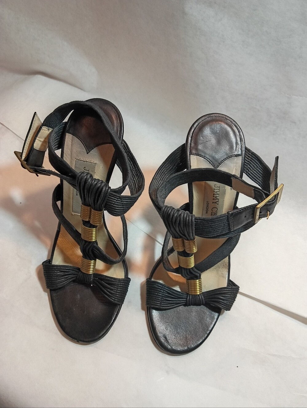 Jimmy Choo Black Waxed Leather Serena Gold Hardware Gladiator Heels Size 38.5